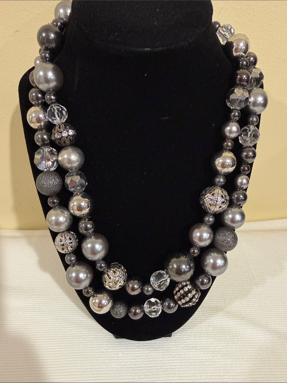 Chico's Statement Beaded Necklace in Gray & Silver